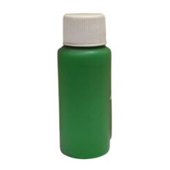Small green bottle with a white screw-on cap, likely a bottle of paint.