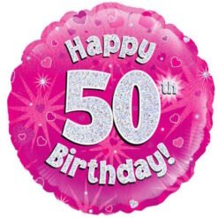 Pink round birthday balloon with 'Happy 50th Birthday!' in silver letters for a celebration themeand pink background.
