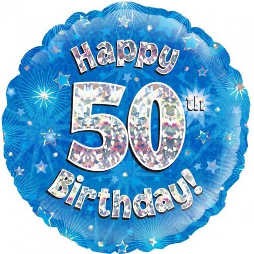 Blue round birthday balloon with glittery 'Happy 50th Birthday' text and starry background, celebrating a 50th birthday.