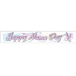 Banner that reads 'Happy Name Day' in pastel colors with swirls and a dove on the right.