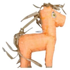 Orange paper-mâché horse piñata with brown fringe on mane and tail.