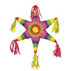 Colorful star-shaped piñata with rainbow fringe and hanging ribbons, used as a party decoration.