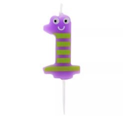 Purple number-1 birthday candle with green stripes and smiling face on a white background