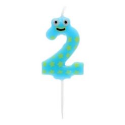 Blue number 2 cake candle with yellow stars and a smiling face on a stick.