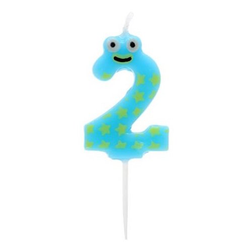 Blue number 2 cake candle with yellow stars and a smiling face on a stick.