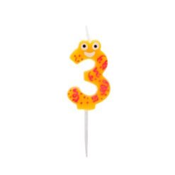 Yellow number-3 birthday candle with red-orange patterns and a white wick on a white background