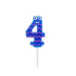 Blue number 4 birthday candle with pink zigzag pattern and a smiling face on a white background.