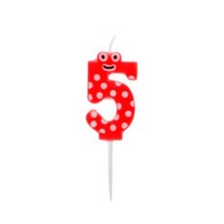 Red number 5 birthday candle with white polka dots and a smiley face on a white background