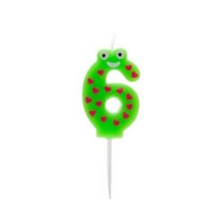 Green number 6 birthday candle with a smiling frog face and red hearts on a white wick