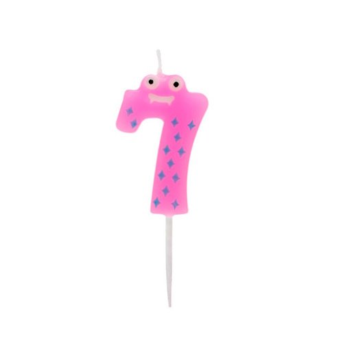 Pink number-7 birthday candle with a smiling face and blue star decorations.
