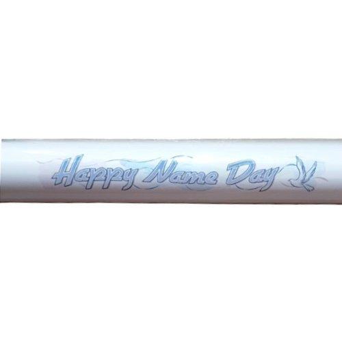 White banner with light blue cursive text reading 'Happy Name Day' on a plain background.