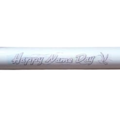 Light blue banner strip reading 'Happy Name Day' with a small dove illustration for a celebration.