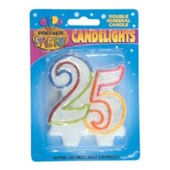 Multicolor number 25 candle in blue blister packaging labeled 'Premier Party Candelights'