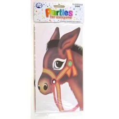 Package for a horse-themed party decoration showing a large illustrated horse head with bridle on the front
