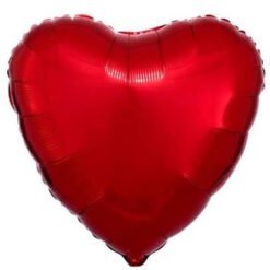 Red shiny heart-shaped foil balloon against a white background, symbolizing love or celebration.