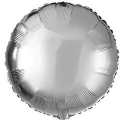 Shiny silver round foil balloon with a smooth surface, set against a white background.