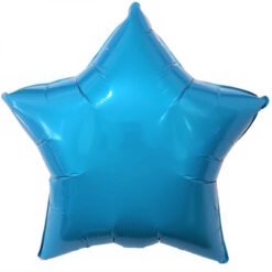 Blue five-pointed star-shaped balloon with a shiny surface against a white background.
