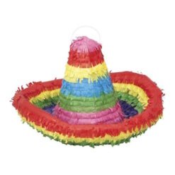 Rainbow-striped sombrero piñata with fringe, suitable for festive decorations or parties