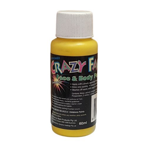 Yellow bottle of Crazy Face & Body Paint with a white screw cap; label reads 'Face & Body Paint'