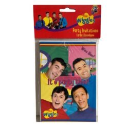 Red-packaged The Wiggles party invitations with four smiling members and the slogan “It’s party time!” on a colorful background.