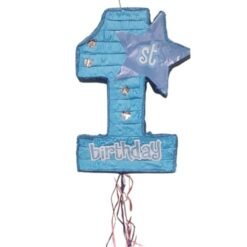 Blue number‑1 birthday piñata with a star reading '1st' and hanging ribbon streamers.