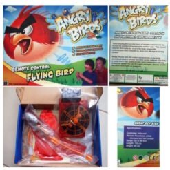 collage of Angry Birds remote control flying bird toy packaging and contents: front box art with red bird and kids playing nearby, plus internal components in the open box, and packaging panels showing specs and warnings