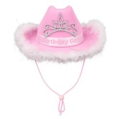 Pink birthday crown hat with rhinestone tiara, white fluffy trim, and a chin strap for a birthday girl accessory.