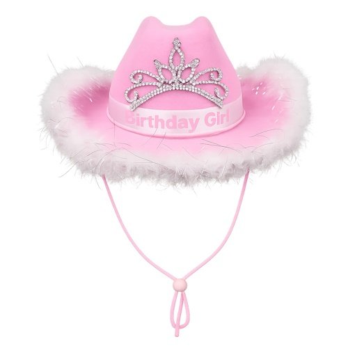Pink birthday crown hat with rhinestone tiara, white fluffy trim, and a chin strap for a birthday girl accessory.