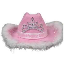 Pink birthday princess hat with white fluffy trim and a rhinestone tiara, 'Birthday Girl' on the band, for girls' party use.