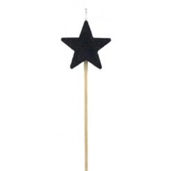 Black star-shaped cake topper on a thin wooden stick against a white background.