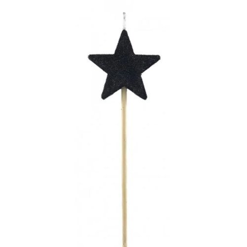 Black star-shaped cake topper on a thin wooden stick against a white background.