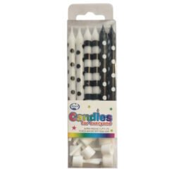 Pack of birthday candles in white and black designs (striped and polka-dotted) inside a clear box with white candle holders at the bottom.