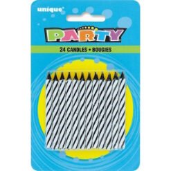 Pack of 24 black-and-white striped birthday candles in blue packaging on a party card.