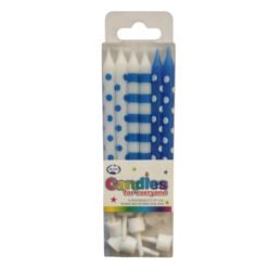 Pack of blue and white birthday candles in a clear plastic box, featuring striped and polka-dot designs with white candle holders