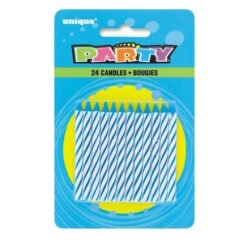 Pack of 24 blue and white striped birthday candles in bright blue packaging labeled PARTY.