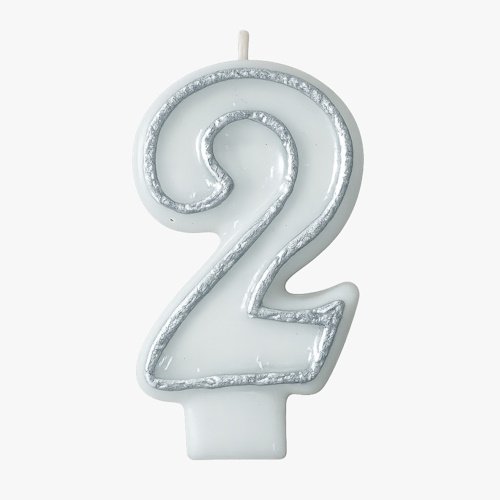 White number 2 birthday candle with silver glitter trim on a white background.