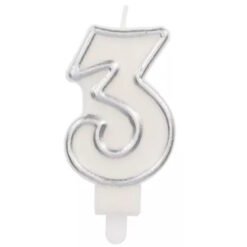 White number-3 birthday candle with a silver outline and a wick at the top of the figure.