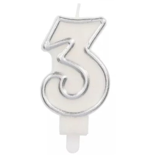 White number-3 birthday candle with a silver outline and a wick at the top of the figure.