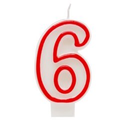 Red-outlined number 6 birthday candle on a white background.