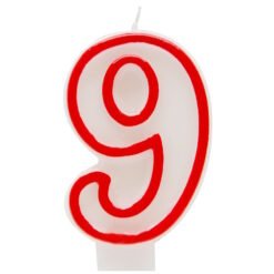 Candle shaped like the number 9 with a red outline and white interior on a white background.