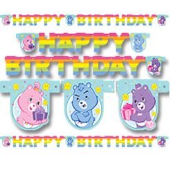 Colorful 'Happy Birthday' banner featuring pink, blue, and purple bear characters with cupcakes, as party decoration.