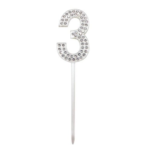 Silver sparkly number 3 cupcake topper encrusted with rhinestones on a thin stick