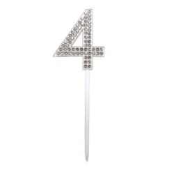 Silver rhinestone-studded number 4 cake topper on a white stick