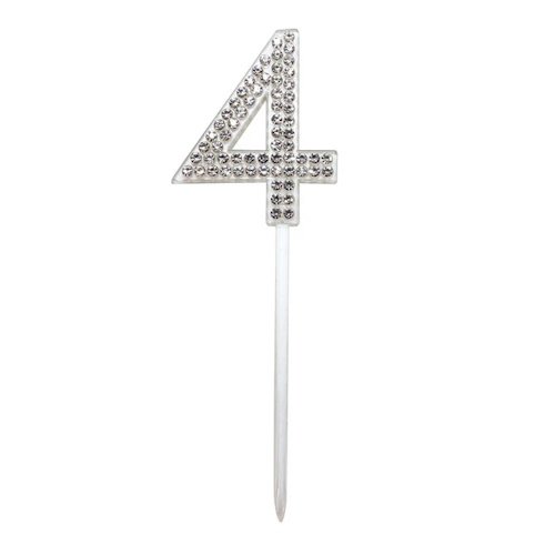 Silver rhinestone-studded number 4 cake topper on a white stick
