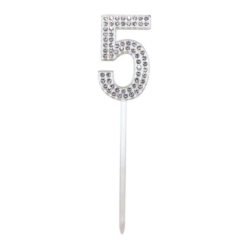 Jeweled number 5 cake topper on a white stick, sparkling rhinestones