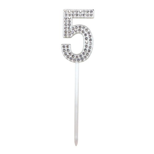 Jeweled number 5 cake topper on a white stick, sparkling rhinestones