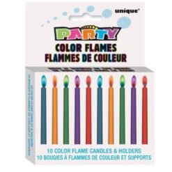 Box of 10 color flame candles with holders in a white package labeled 'Party Color Flame Candles & Holders'