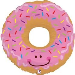 Donut-shaped party balloon with pink frosting, colorful sprinkles, and a smiling face.