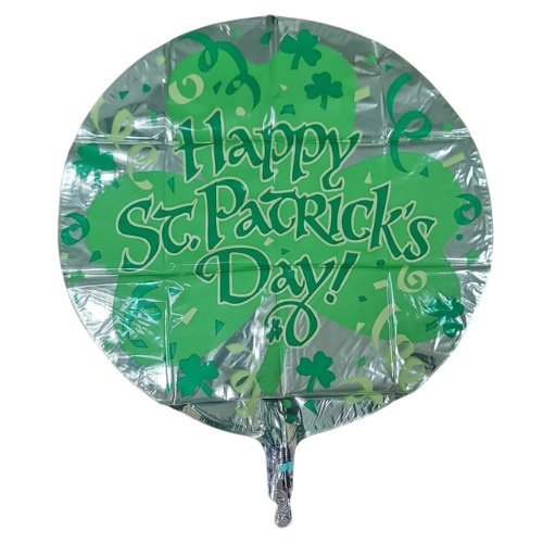 Foil round balloon in silver and green with shamrocks and the text 'Happy St Patrick's Day!' for St. Patrick's Day celebration.