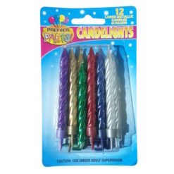 Pack of 12 large metallic birthday candles in assorted colors on blue packaging (purple, gold, silver, green, red, blue).